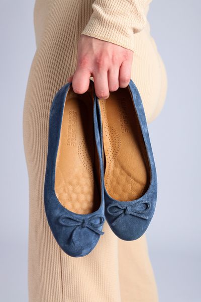 SOFT Women's Genuine Leather Orthopedic Bow Detailed Ballerina Shoes - Navy Blue Suede Comfortable Daily Stylish Ballerinas