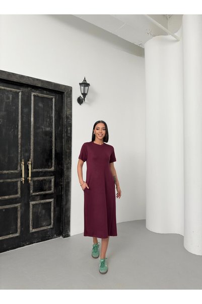 Butik Serdivan Short Sleeve Basic Modal Fabric Women's Long Dress Trend New Season