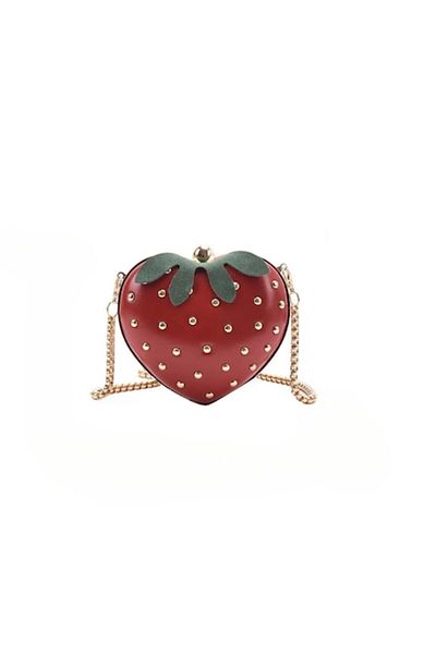 The Casius. Mini Handbag with Strawberry Design, Gold Chain Strap in Red