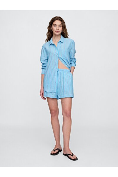 GAP Kadın Mavi Çizgili Keten Karışımlı Şort