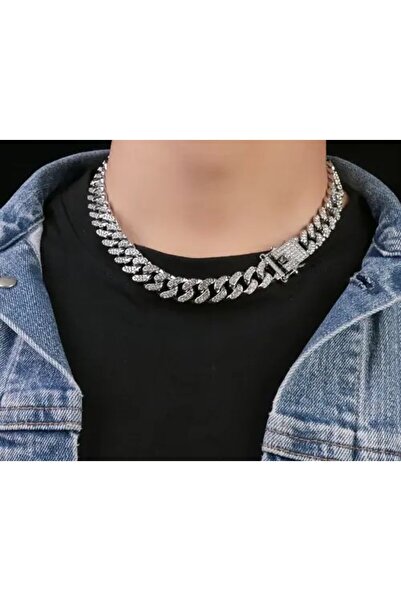 THO Colier Cuban Silver Iced Out, model unisex, fabricat din inox, colier 50cm