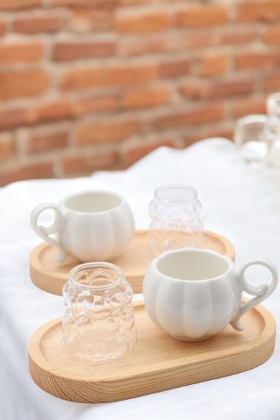 LUMİNA 6 Piece Coffee Cup Set for 2 People - Porcelain Cup - Bamboo Coaster - Grape Cup