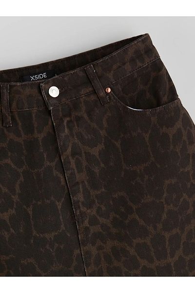 LC Waikiki Xside Brown Tight Fit Leopard Print Mini Jean Skirt