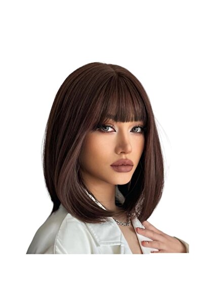 The Casius. Peruca pentru femei, par scurt drept cu breton, culoarea castaniu inchis natural, 35 cm, The Casius