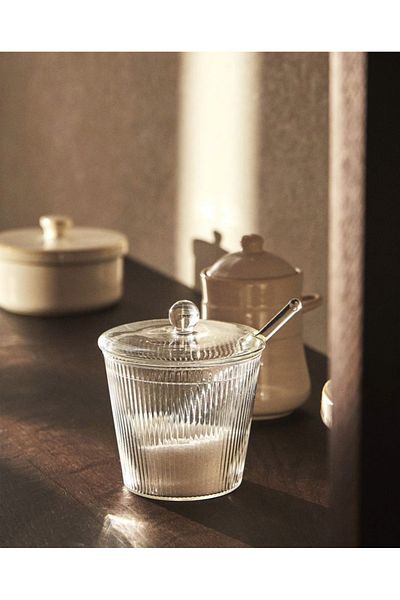 SuoHome Glass Lid Plain Striped Sugar Bowl with Spoon