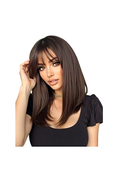 The Casius. Perucă sintetică dreaptă, lungime medie, cu breton, maro ciocolatiu, 40 cm, The Casius