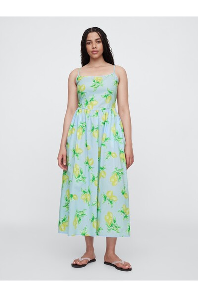 GAP Kadın Mavi Askılı Midi Poplin Elbise