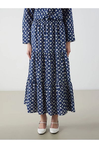 LC Waikiki Lcw Modest Indigo Patterned Katkat Skirt with Elastic Waist