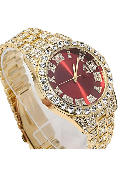 THO Set Ceas Iced Out Gold Red + Colier Cuban Chain Iced out , auriu