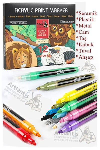 Artlantis 12 Renk Akrilik Markör Keçeli Kalem 1 Adet 12 li Acrylic Marker Taş...