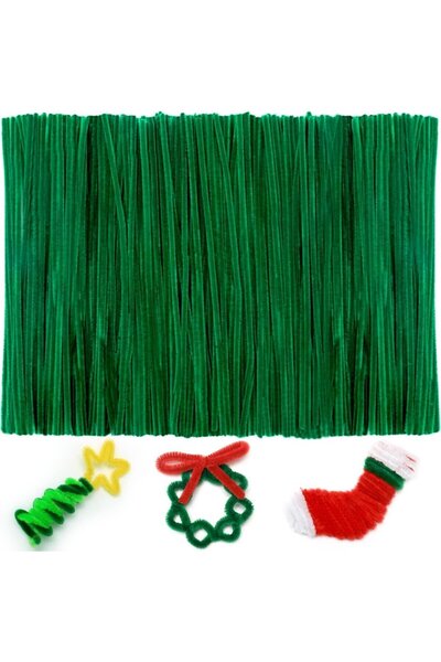 Hobialem Koyu Yeşil Renkli Şönil, 50 Adet Eğitici Şönil Seti, Tüylü Tel, 30 cm, Peluş Tel