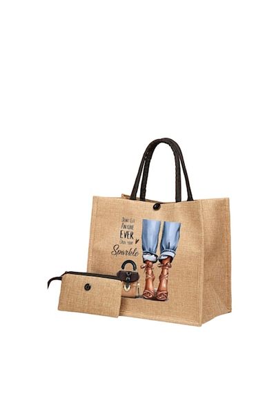 The Casius. Tote Bag from Linen Material, Beige Coral
