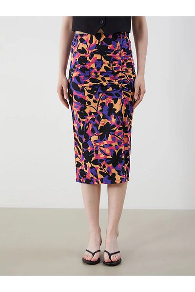 LC Waikiki Lcw Vision Orange Floral Gathered Skirt with Elastic Waist