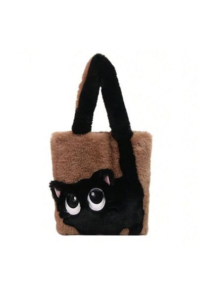 The Casius. Shoulder bag made of eco fur, model Black Cat with big eyes, 30x30 cm, beige color