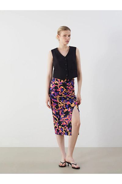 LC Waikiki Lcw Vision Orange Floral Gathered Skirt with Elastic Waist