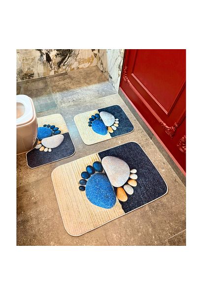 OPTIM DEKO Covoras Baie Set 3 Piese, Antiderapant 100x60, 60x50, 40x60, Albastru/Crem