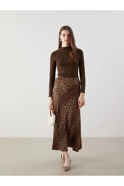 LC Waikiki Lcw Modest Brown Leopard Patterned Satin Women's Skirt