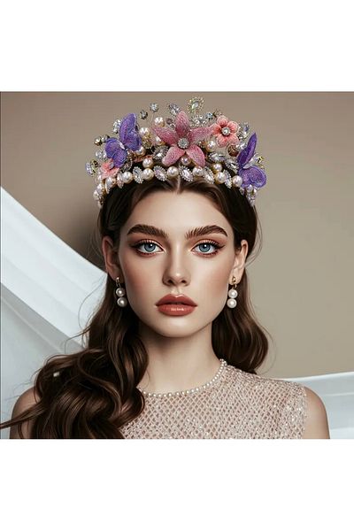 Store 3D Design Crown with Butterfly and Pearl Stones – Handmade Luxury Model