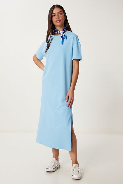 Lovelyİstanbul Rochie din bumbac pieptănat casual de vară SKY BLUE LUB0056