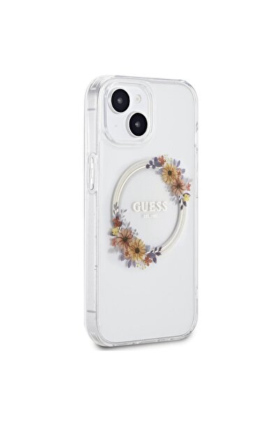 Guess Husa Flowers Ring Logo Glossy MagSafe iPhone 15 Transparent