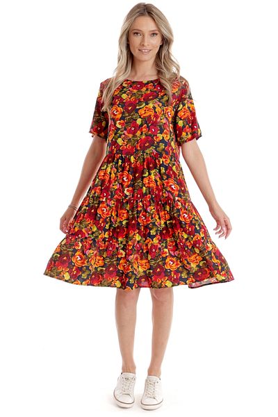 Eranthe Rochie cu Volane Dama V279, Rosu cu imprimeu multicolor