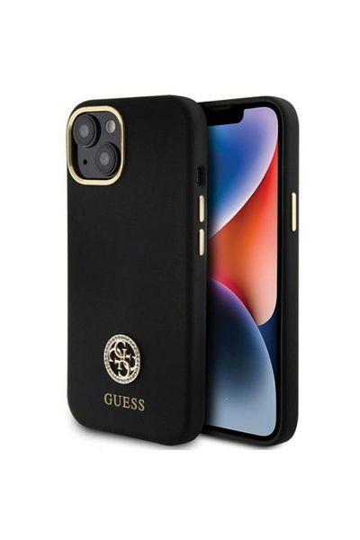 Guess Case Liquid Silicone 4g Strass Metal Logo Iphone 15 Black