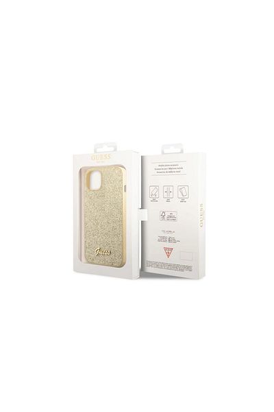 Guess Case Iphone 14 Plus Glitter Tpu Flakes Script Metal Logo Gold