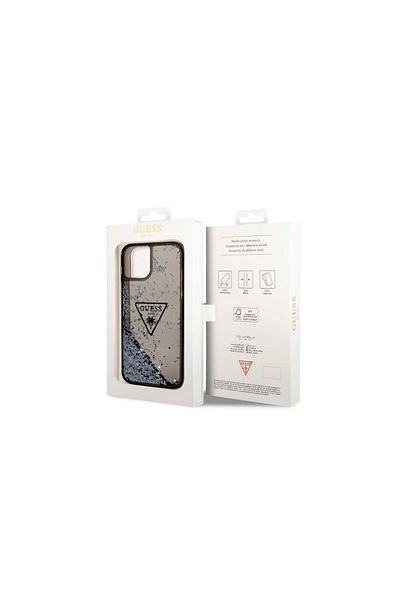 Guess Case Iphone 14 Liquid Glitter Translucent Triangle Logo Black