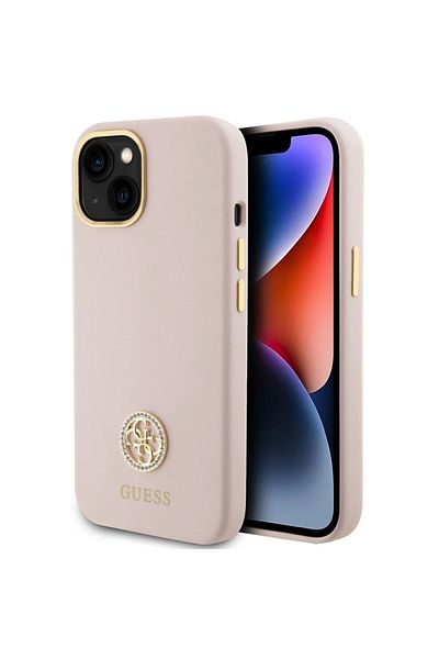 Guess Case Liquid Silicone 4g Strass Metal Logo Iphone 15 Pink