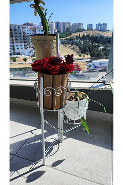 Lidya Luxury Concept Beyaz 3 Hazneli Metal Bitki Standı / Çiçeklik - 18 cm Saksı Uyumlu