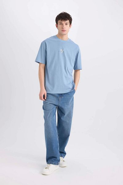 DeFacto E0434 Μπλε Vikings Valhalla Boxy Fit Crew λαιμόκοψη με στάμπα μπλουζάκι με κοντό μανίκι