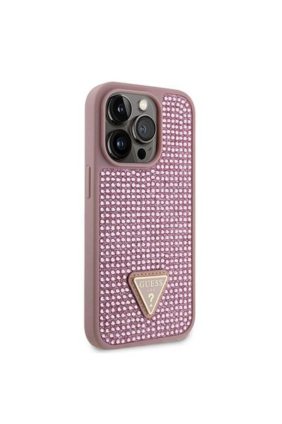 Guess Case Rhinestones Triangle Metal Logo iPhone 14 Pro Pink