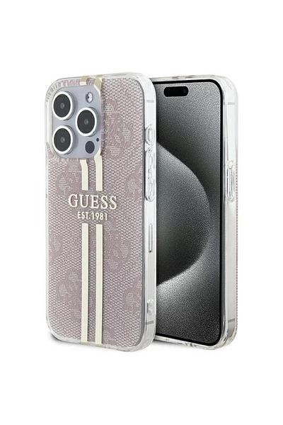 Guess Case 4g Gold Stripe Iphone 15 Pro Pink