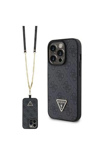 Guess Pu 4g Strass Triangle Metal Logo Case With Crossbody Strap Iphone 15 Pro Black