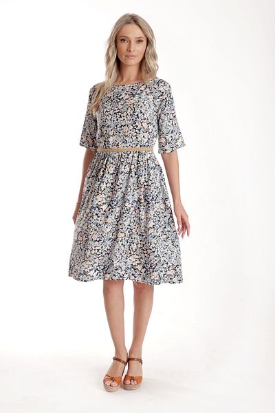 Eranthe Rochie Medie Dama V274, Imprimeu MicroFloral Bleu
