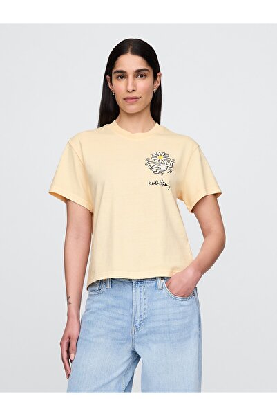 GAP Kadın Açık Sarı Keith Haring Relaxed Grafik T-Shirt