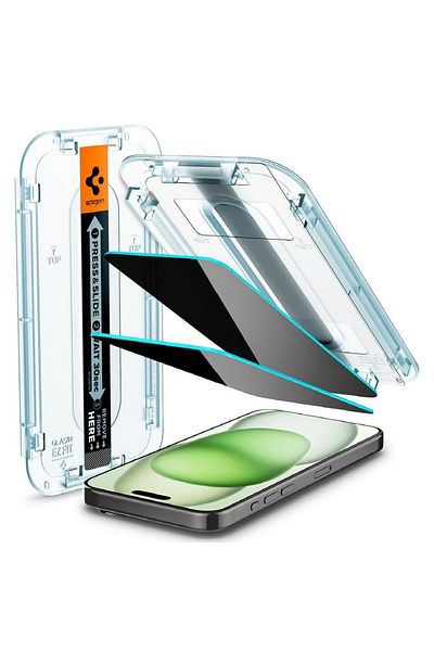 Spigen Glass Tr Ez Fit Privacy Screen Protector for iPhone 15 Plus Set of 2, Installation Kit