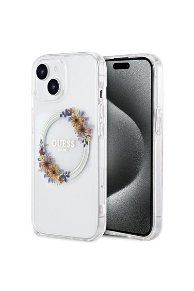 Guess Case Flowers Ring Logo Glossy MagSafe iPhone 15 Transparent