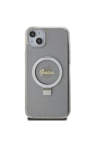 Guess Case Ring Stand Glitter MagSafe iPhone 15 Plus Transparent