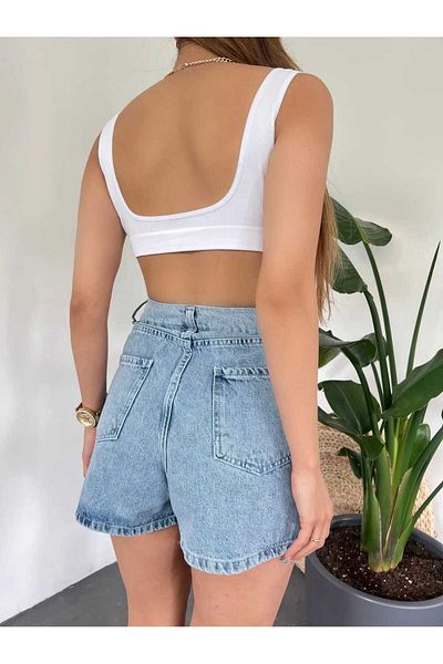 Zeliza Moda Evi Denim Jeans Shorts Skirt with Slit Detail