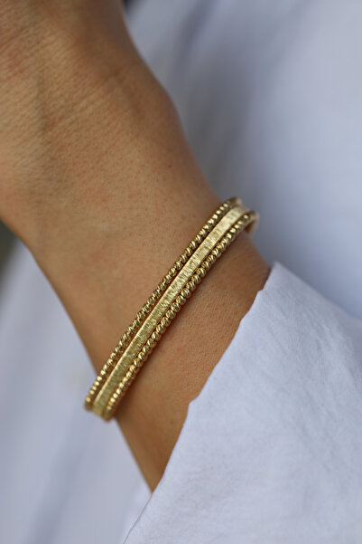 Yenigün Kuyumculuk 14 Ayar Altın Dorika Detaylı Simli İtalyan Kelepçe