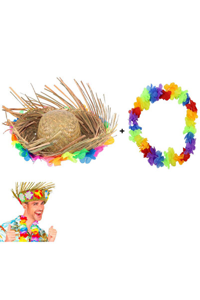 Skygo Pălărie din paie cu flori tropicale în stil hawaian și colier hawaian c...