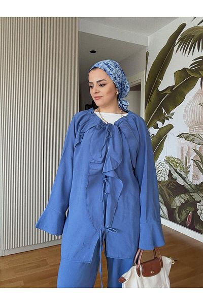 Aselim Hijap Moda Βολάν Βαμβακερό Σετ Κιμονό – Καλοκαιρινό Σετ Διπλό Σετ Indigo Blue