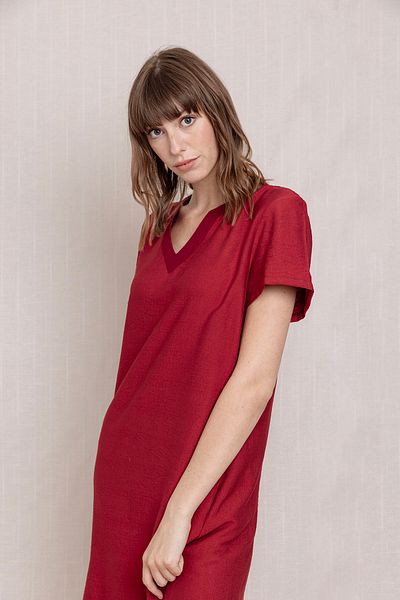 Volanlı Summer Linen Dress with V-Neck Pockets