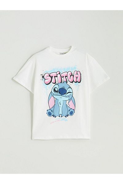 LC Waikiki Ecru Crew Neck Stitch Printed Girl's T-Shirt