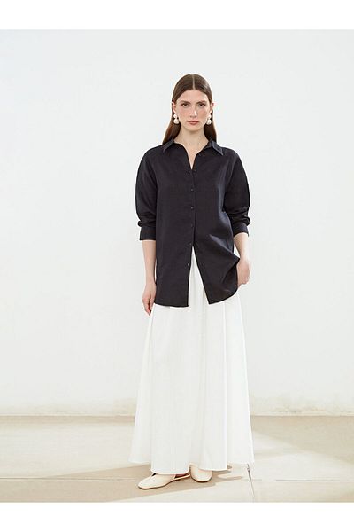 LC Waikiki Black Oversize 100% Linen Women's Shirt