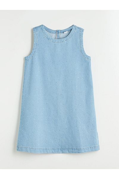 LC Waikiki Indigo Crew Neck Stoned Girl's Jean Dress