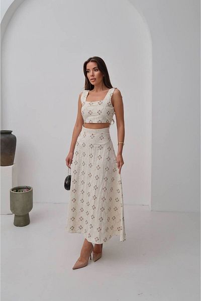 369 etnik butik «Καλοκαιρινό σετ δύο τεμαχίων με κρεμ μοτίβο – τετράγωνο γιακά και φούστα σε γραμμή Α»