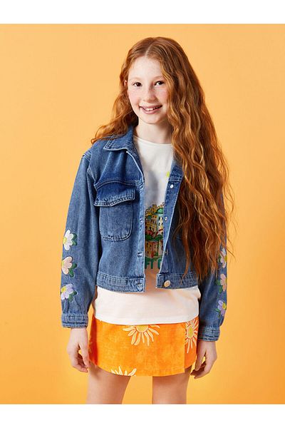 LC Waikiki Shirt Collar Embroidered Girl's Jean Jacket