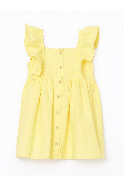 LC Waikiki Lcw Square Collar Linen Blend Girl's Dress Fast Fashion